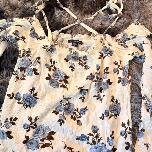 American Eagle Outfitters Cream Floral Off-Shoulder Top with Blue Rose Accents - Picture 4 of 4